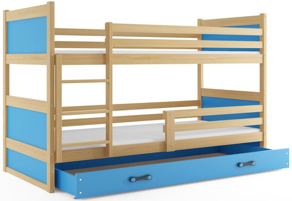 Poschodová posteľ RICO 2 COLOR + úložný priestor + matrace + rošt ZDARMA, 90x200 cm, borovica, blankytná