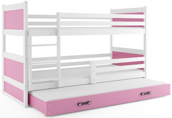Poschodová posteľ RICO 3 COLOR + matrac + rošt ZDARMA, 90x200 cm, biely, ružová