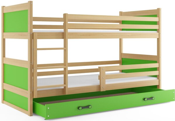 Poschodová posteľ RICO 2 COLOR + úložný priestor + matrace + rošt ZDARMA, 90x200 cm, borovica, zelená