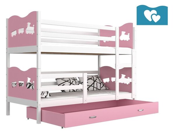 Detská poschodová posteľ FOX 2 COLOR, 190x80 cm, biely/ružový - srdiečka