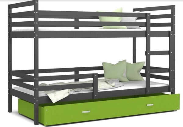 Detská poschodová posteľ RACEK B 2 COLOR + rošt+matrac ZDARMA, 184x80, šedý/zelený