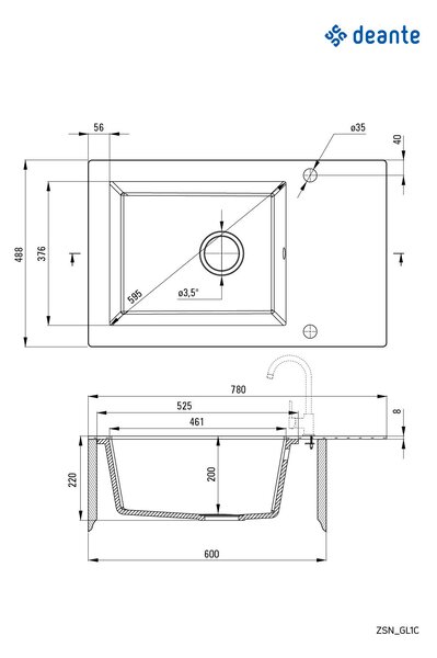 Deante Andante, 1-komorový sklo-granitový drez 780x488x220 mm, šedá-grafitová, DEA-ZSN_GL1C