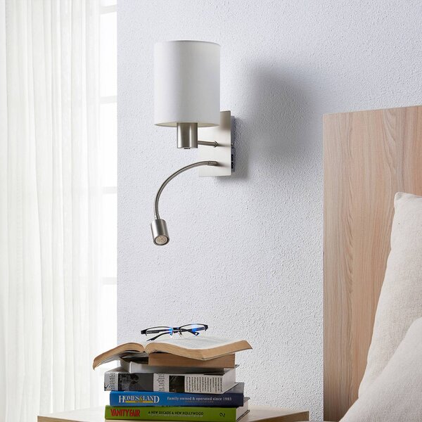 Nástenné svietidlo Lindby Shajan, sada 2 ks, 29 cm, LED svetlo na čítanie, Biela / opálová, Obývacia izba / jedáleň, Textil / látka / hodváb, Moderný, Svetlo na čítanie