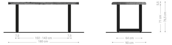 DELIFE Jedálenský stôl Edge 180x90 XL akácia prírodná nerezová oceľ široký Live-Edge