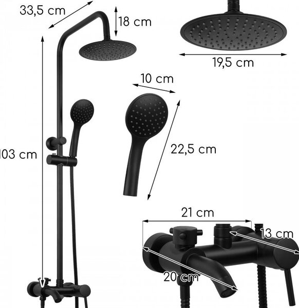 Erga Mutabi, sprchový set s batériou, hlavovou sprchou 20 × 20 cm a výtokom, čierna matná, ERG-YKA-BP.MUTABI-20-BLK