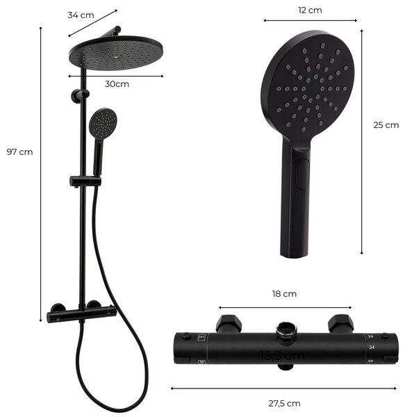 Erga Dubaj, sprchový set s termostatickou batériou a hlavovou sprchou 30 cm, čierna matná, ERG-YKA-BP.DUBAJ-THERM-30-BLK