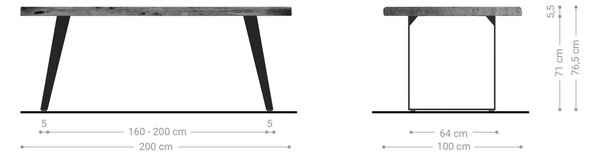 DELIFE Jedálenský stôl Edge 200x100 XL akácia platinová kov šikmý Live-Edge