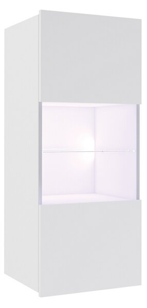 Závesná vitrína CALABRINI, biela/biely lesk, + modré LED