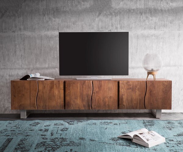 DELIFE TV stolík Live-Edge 220 cm akácia hnedá masívny 6 dvierka