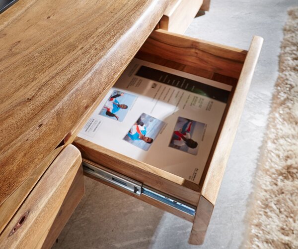 DELIFE TV stolík Live-Edge 230 cm akácia prírodná masívny 4 zásuvky