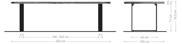 DELIFE Jedálenský stôl Edge 260x100 akácia prírodná nerezová oceľ úzky Live-Edge
