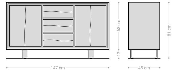 DELIFE Komoda Live-Edge 147 cm akácia prírodná 3 zásuvky 2 dvierka