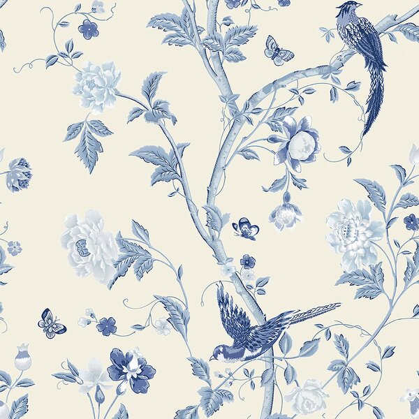 Vliesová tapeta na stenu s modrými kvetmi a vtáčikmi 113390, Laura Ashley, Graham & Brown