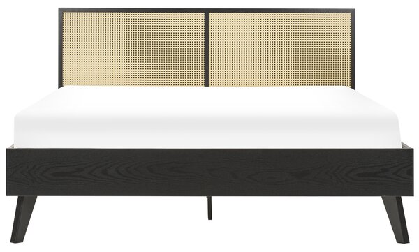 Posteľ čierna svetlé drevo 160 x 200 cm ratan drevotrieska s roštom minimalistický boho štýl spálňa