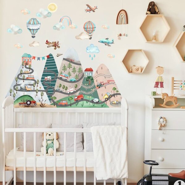 INSPIO-textilná prelepiteľná nálepka - Nálepky na stenu pre chlapcov - Kopce s autíčkami a balónmi