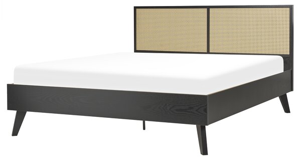 Posteľ čierna svetlé drevo 160 x 200 cm ratan drevotrieska s roštom minimalistický boho štýl spálňa