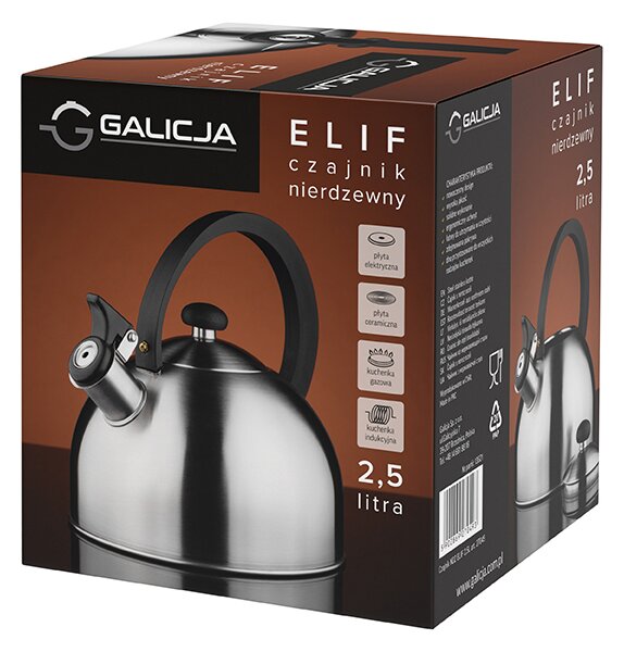 Nerezový čajník s píšťalkou Elif 2,5 l - nerezová / čierna