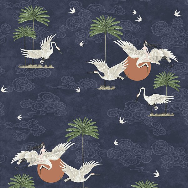 Modrá romantická vliesová tapeta na stenu, vtáky, palmy 6501-1, Batabasta, ICH Wallcoverings