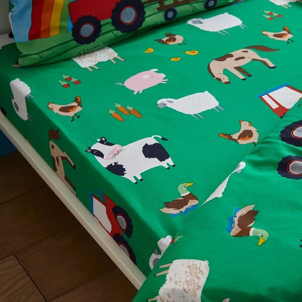 Zelená napínacia detská plachta na jednolôžko 90x190 cm Farmyard Animals – Catherine Lansfield