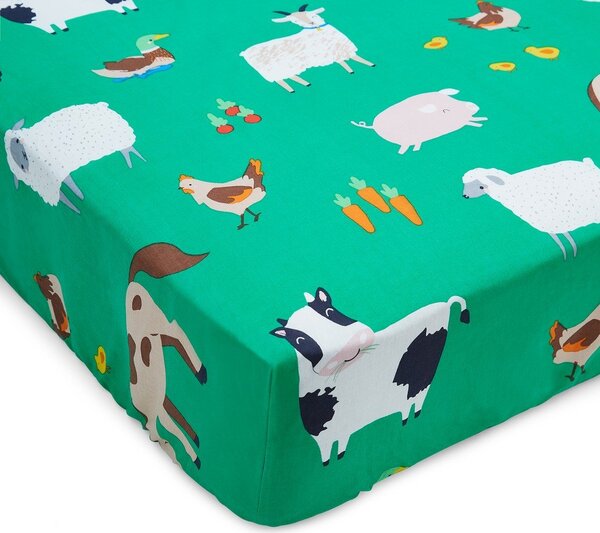 Zelená napínacia detská plachta na jednolôžko 90x190 cm Farmyard Animals – Catherine Lansfield