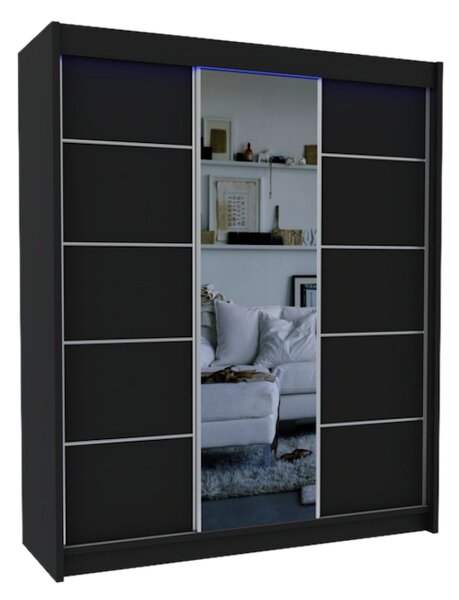 Skriňa s posuvnými dverami a zrkadlom MAKIRA, čierna, 180x216x61