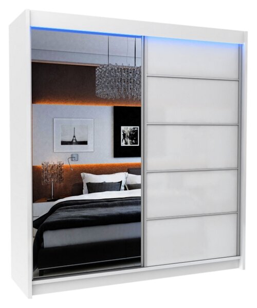 Skriňa s posuvnými dverami a zrkadlom MAKIRA, biela, 200x216x61