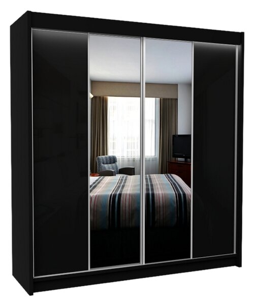Skriňa s posuvnými devermi a zrkadlom LUZON, 200x216x61, čierna