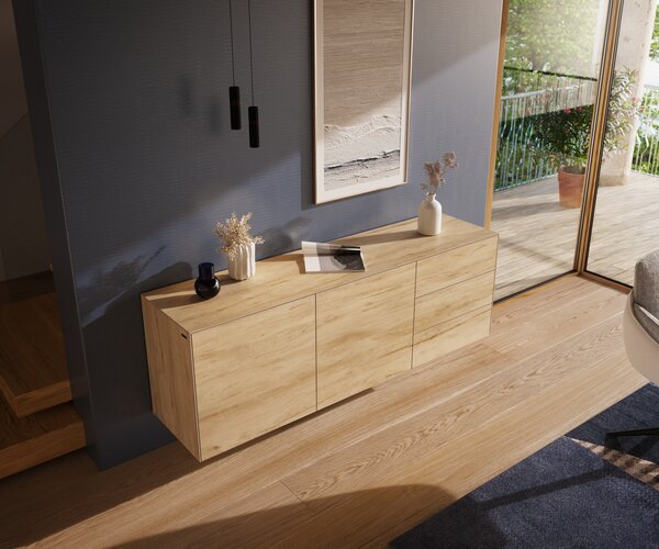 DELIFE Komoda Cuor 180 cm keramika Laminam® Sabbia dubová farba 2 dvierka 3 zásuvky závesná