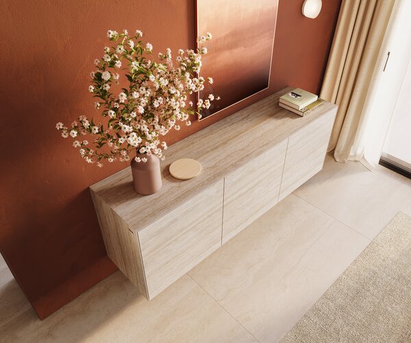 DELIFE Komoda Cuor 180 cm keramika Laminam® Travertino Bianco krémovo biela 2 dvierka 3 zásuvky závesná