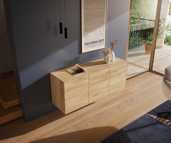 DELIFE Komoda Cuor 150 cm keramika Laminam® sabbia v dubovej farbe 3 dvierka závesná