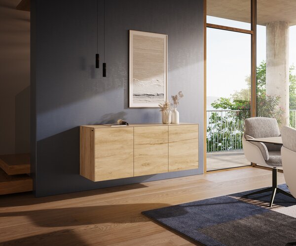 DELIFE Komoda Cuor 150 cm keramika Laminam® sabbia v dubovej farbe 3 dvierka závesná