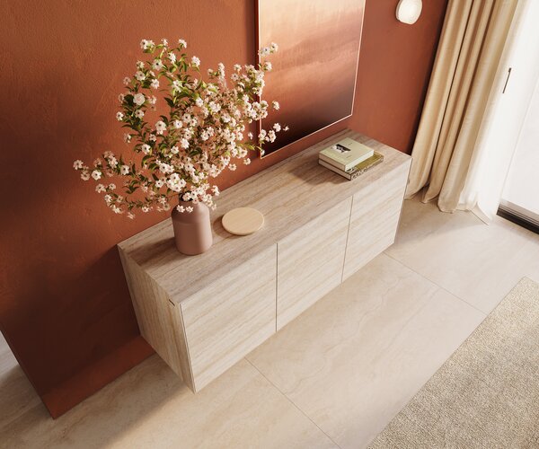 DELIFE Komoda Cuor 150 cm keramika Laminam® Travertino Bianco krémovo biela 3 dvierka závesná