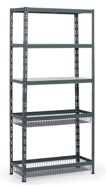 Policový regál s košmi, 1954 x 900 x 400 mm, nosnosť 175 kg, 3 police + 2 koše
