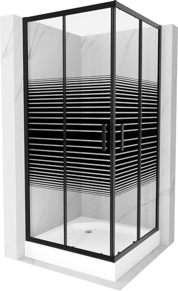 Mexen Rio, štvorcový sprchovací kút 90(dvere)x90(dvere)x190 cm, 5mm číre sklo-vzor pásiky, čierny profil + biela sprchová vanička RIO,…