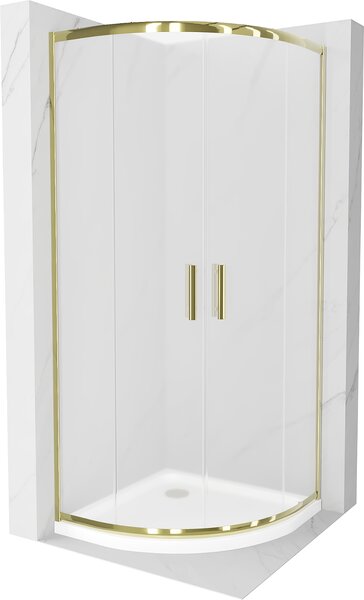 Mexen Rio, štvrťkruhový sprchovací kút 90(dvere)x90(dvere)x190 cm, 5mm sklo námraza, zlatý profil + biela sprchová vanička SLIM, 863-090-090-50-30-4110G