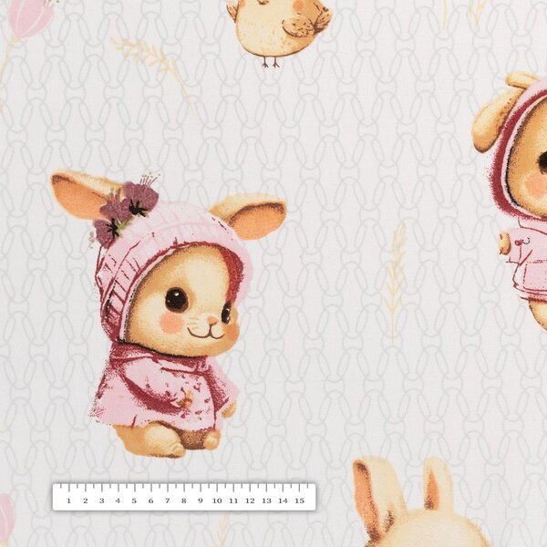 Biante Detský bavlnený oválny obrus Sandra SA-538 Ružové zajačiky a vtáčiky na bielom 50x100 cm