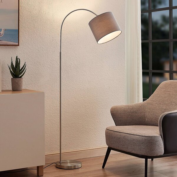 Lindby Stojacia lampa Keriba, niklová/sivá, látka, 150 cm, E27, Hliník / sivá / zinok, Obývacia izba / jedáleň, kov, Moderný, Stojaca lampa