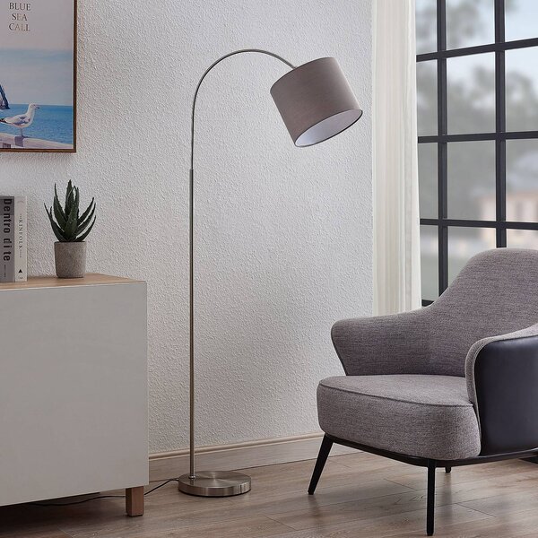 Lindby Stojacia lampa Keriba, niklová/sivá, látka, 150 cm, E27, Hliník / sivá / zinok, Obývacia izba / jedáleň, kov, Moderný, Stojaca lampa