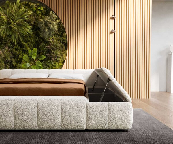 DELIFE Čalúnená posteľ Espazio 140x200 cm bouclé krémovo biela s úložným priestorom
