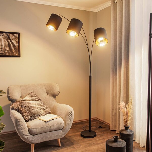 Stojacia lampa Lindby Nanika, čierna/zlatá, 202 cm, 3 svetlá., Čierna, Obývacia izba / jedáleň, kov, Moderný, Stojaca lampa