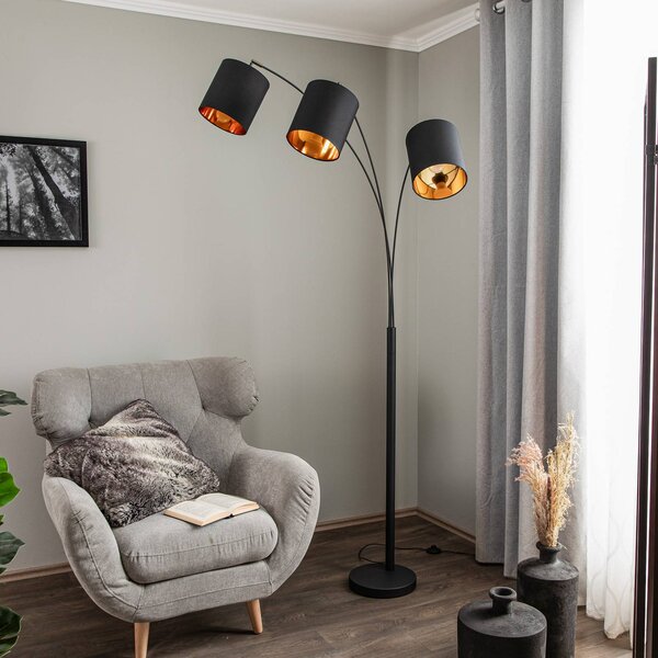 Stojacia lampa Lindby Nanika, čierna/zlatá, 202 cm, 3 svetlá., Čierna, Obývacia izba / jedáleň, kov, Moderný, Stojaca lampa