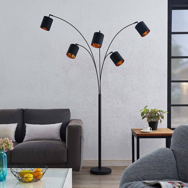Stojacia lampa Lindby Abiram, čierna/zlatá, textil, 70 cm, Čierna, Obývacia izba / jedáleň, kov, Moderný, Stojaca lampa