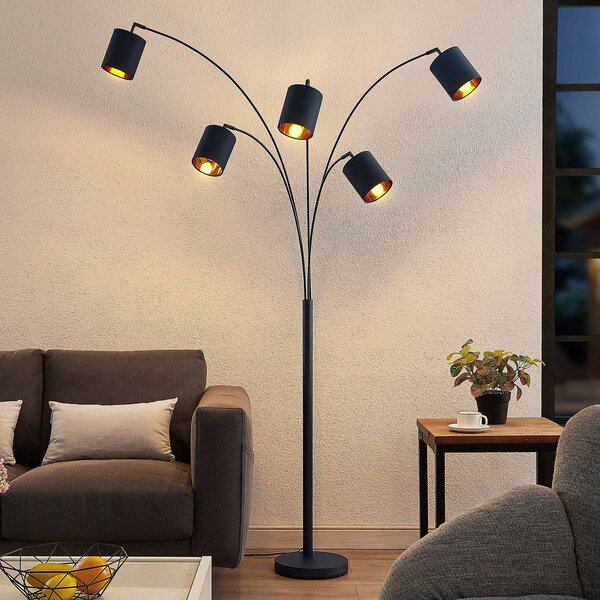 Stojacia lampa Lindby Abiram, čierna/zlatá, textil, 70 cm, Čierna, Obývacia izba / jedáleň, kov, Moderný, Stojaca lampa