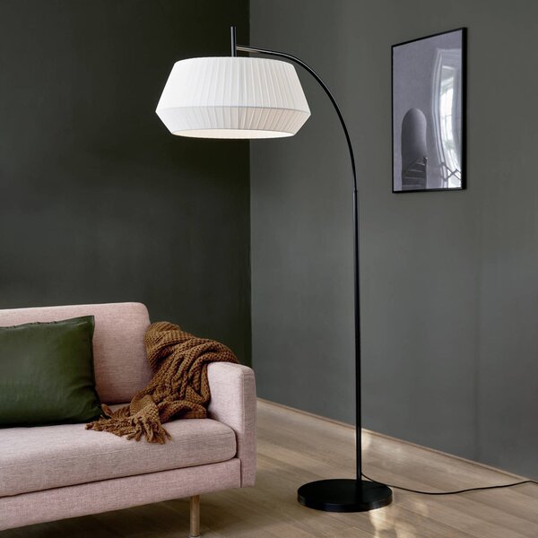Nordlux Stojaca lampa Dicte, ručne viazané tienidlo, biela, Biela / opálová, Obývacia izba / jedáleň, Textil / látka / hodváb, Škandinávsky, Oblúková stojaca lampa