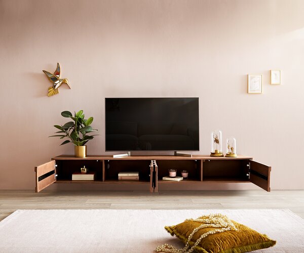 DELIFE TV stolík Fevo 200 cm akácia hnedá závesné 4 dvierka