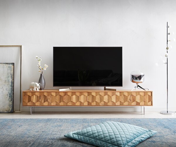 DELIFE TV stolík Fevo 220 cm akácia prírodná 4 dvierka podstava v tvare L