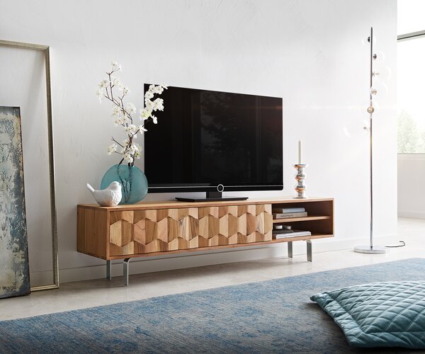 DELIFE TV stolík Fevo 160 cm akácia prírodná 2 dvierka podstava v tvare L