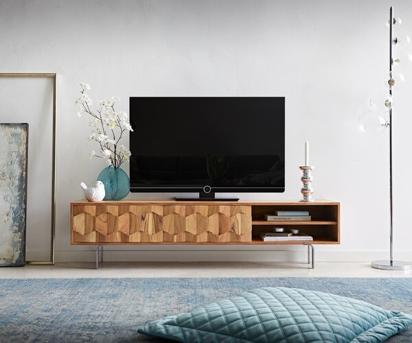 DELIFE TV stolík Fevo 160 cm akácia prírodná 2 dvierka podstava v tvare L