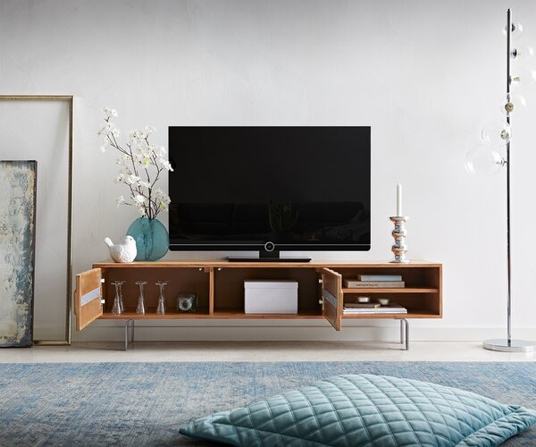 DELIFE TV stolík Fevo 160 cm akácia prírodná 2 dvierka podstava v tvare L