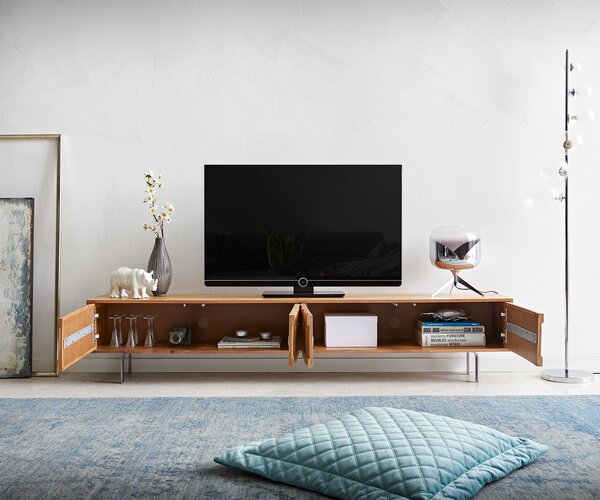 DELIFE TV stolík Fevo 200 cm akácia prírodná 4 dvierka podstava v tvare L